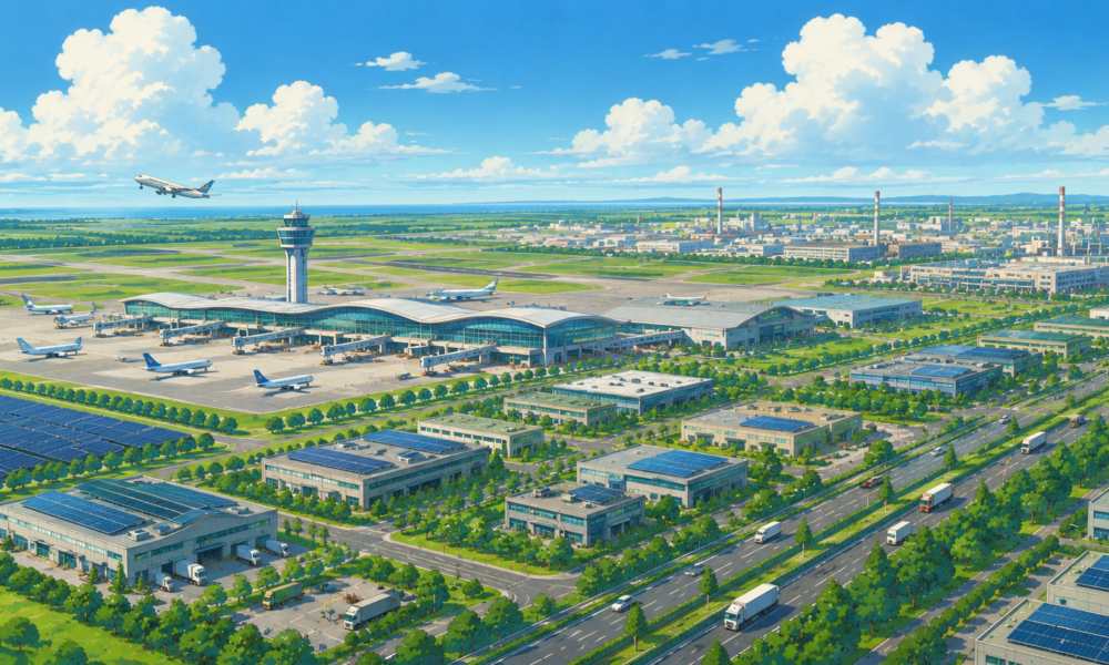 Modern Dholera International Airport surrounded by industrial parks, logistics warehouses, expressways and smart city infrastructure in Gujarat.