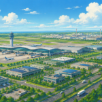Modern Dholera International Airport surrounded by industrial parks, logistics warehouses, expressways and smart city infrastructure in Gujarat.