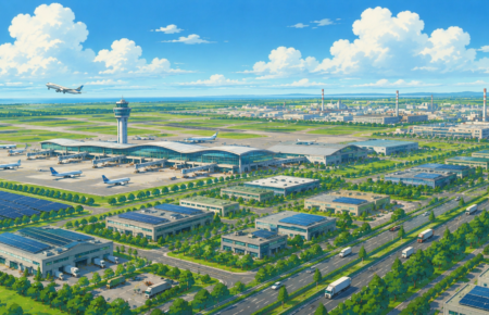 Modern Dholera International Airport surrounded by industrial parks, logistics warehouses, expressways and smart city infrastructure in Gujarat.