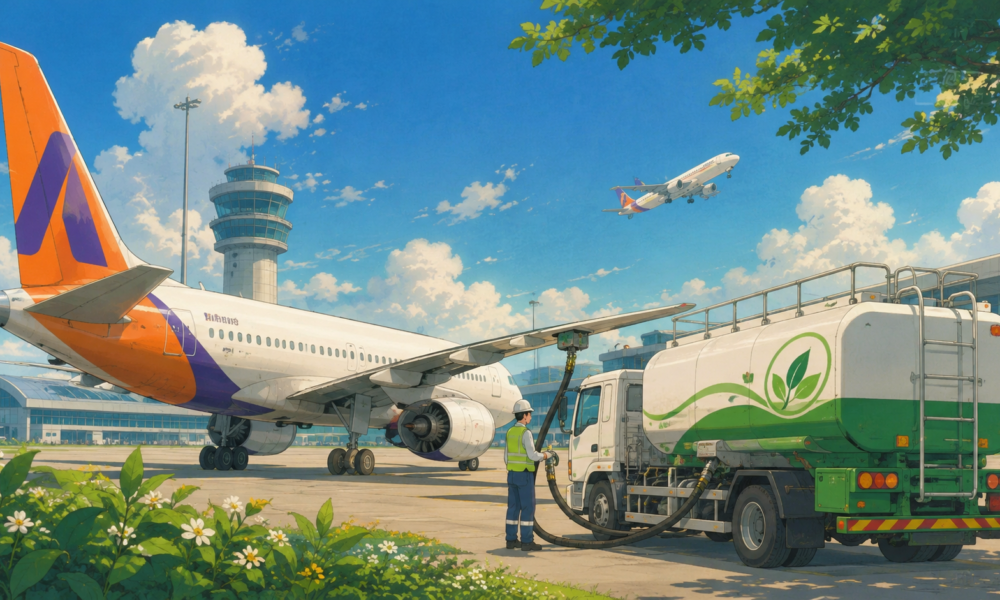 Modern passenger aircraft being refuelled with sustainable aviation fuel at an Indian airport alongside eco-friendly fuel infrastructure.