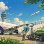 Modern passenger aircraft being refuelled with sustainable aviation fuel at an Indian airport alongside eco-friendly fuel infrastructure.