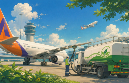 Modern passenger aircraft being refuelled with sustainable aviation fuel at an Indian airport alongside eco-friendly fuel infrastructure.