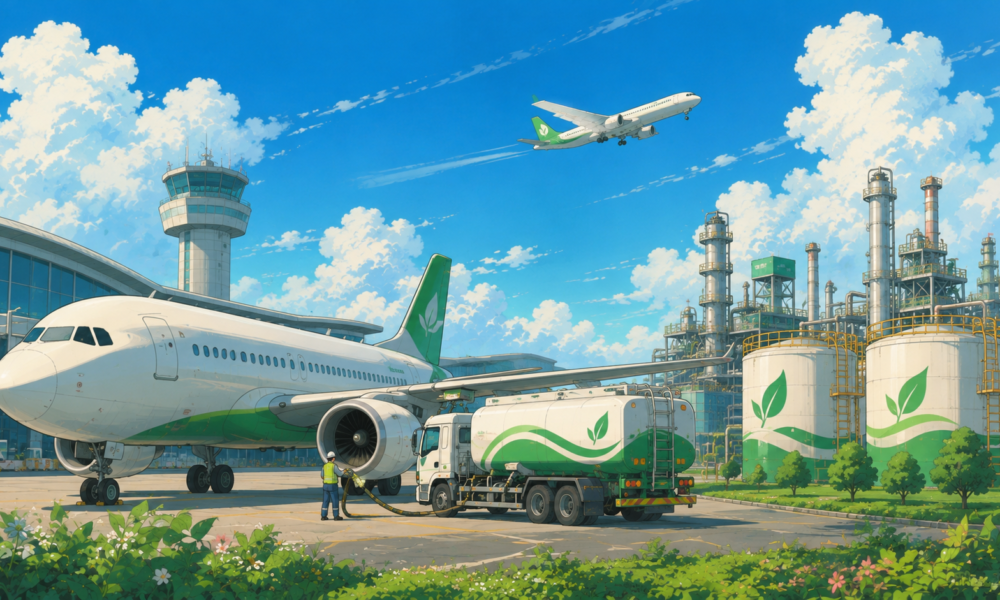 Modern passenger aircraft at an Indian airport with sustainable aviation fuel storage tanks, eco-friendly fuel tanker and airport infrastructure.