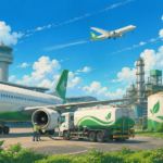 Modern passenger aircraft at an Indian airport with sustainable aviation fuel storage tanks, eco-friendly fuel tanker and airport infrastructure.