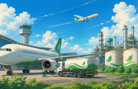 Modern passenger aircraft at an Indian airport with sustainable aviation fuel storage tanks, eco-friendly fuel tanker and airport infrastructure.