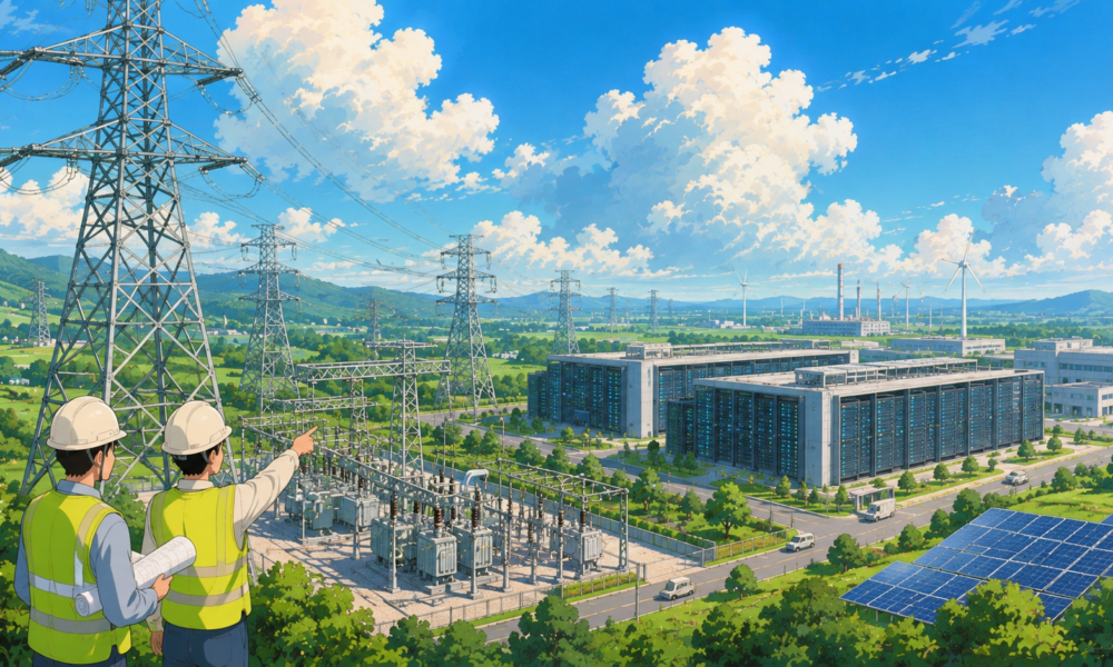 High-voltage transmission towers supplying electricity to a modern data centre campus with digital infrastructure in the background.