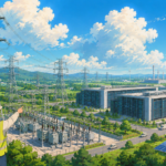 High-voltage transmission towers supplying electricity to a modern data centre campus with digital infrastructure in the background.