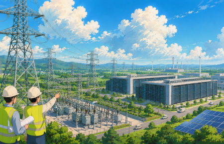 High-voltage transmission towers supplying electricity to a modern data centre campus with digital infrastructure in the background.