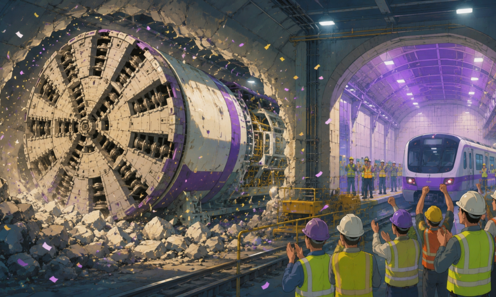 Tunnel boring machine emerging into an underground metro station with engineers inspecting the completed tunnel.