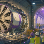 Tunnel boring machine emerging into an underground metro station with engineers inspecting the completed tunnel.