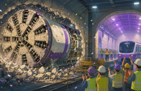 Tunnel boring machine emerging into an underground metro station with engineers inspecting the completed tunnel.