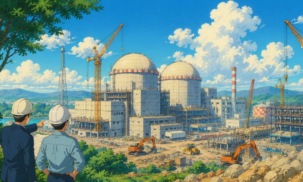 Construction concept of the Rajasthan Atomic Power Project with nuclear power infrastructure and industrial development.