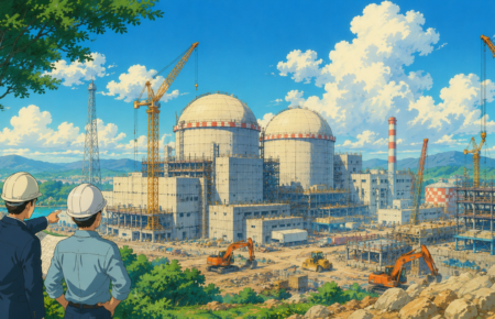 Construction concept of the Rajasthan Atomic Power Project with nuclear power infrastructure and industrial development.
