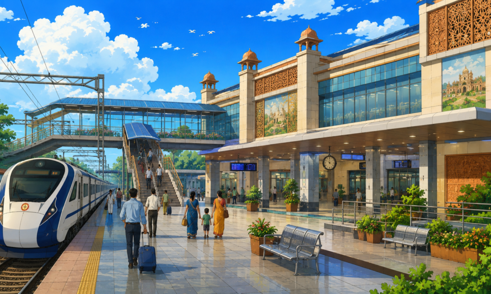 edeveloped Indian railway station under the Amrit Bharat Station Scheme with modern passenger infrastructure.