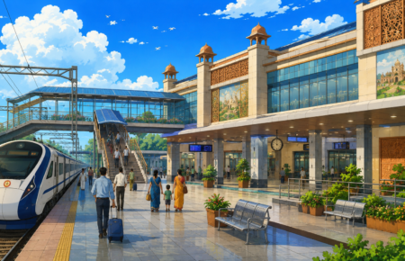 edeveloped Indian railway station under the Amrit Bharat Station Scheme with modern passenger infrastructure.