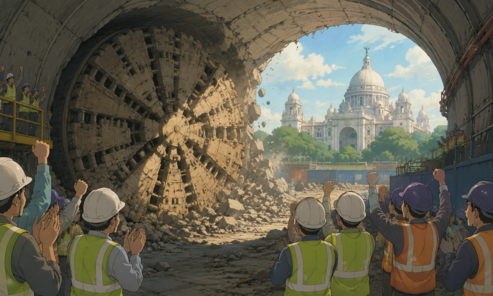 Studio Ghibli style illustration of Kolkata Metro's Tunnel Boring Machine breaking through at Victoria Station during Purple Line construction.