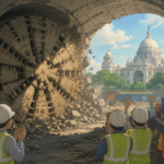 Studio Ghibli style illustration of Kolkata Metro's Tunnel Boring Machine breaking through at Victoria Station during Purple Line construction.