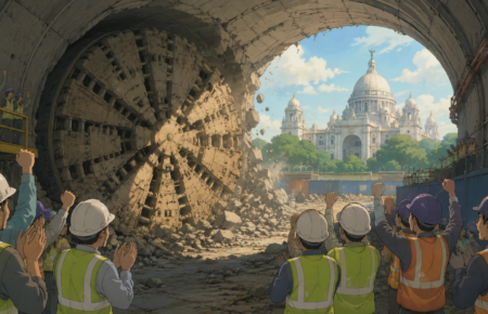 Studio Ghibli style illustration of Kolkata Metro's Tunnel Boring Machine breaking through at Victoria Station during Purple Line construction.