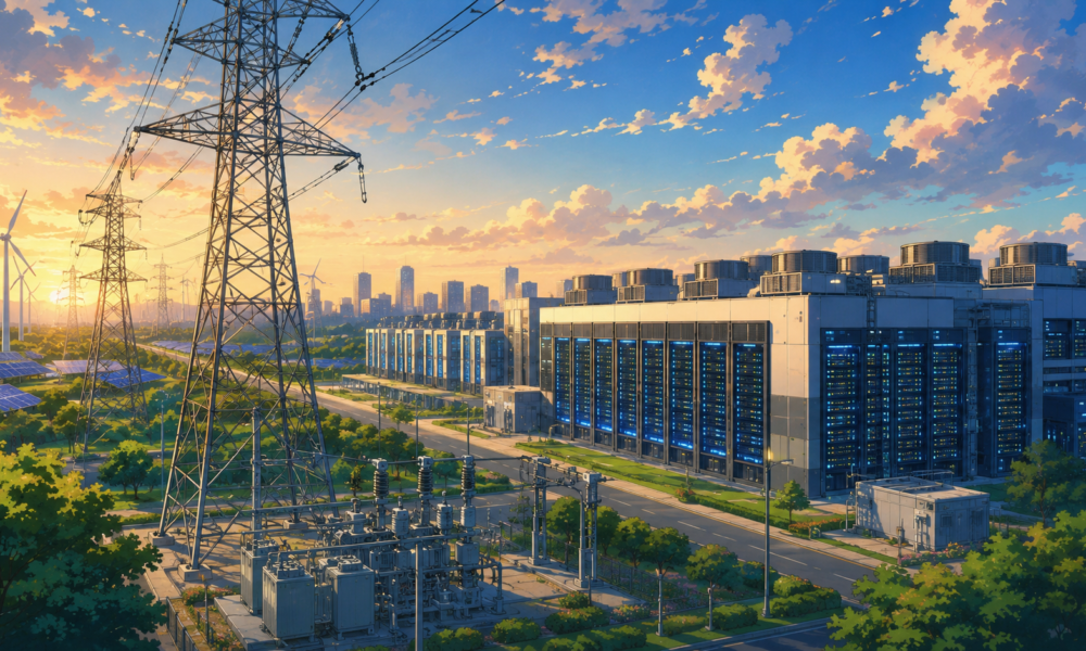Modern hyperscale data centre with high-voltage power transmission infrastructure in India.