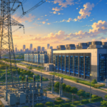 Modern hyperscale data centre with high-voltage power transmission infrastructure in India.