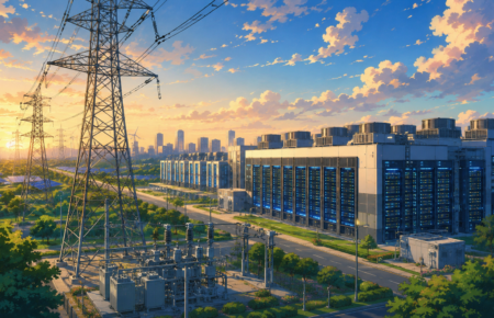 Modern hyperscale data centre with high-voltage power transmission infrastructure in India.