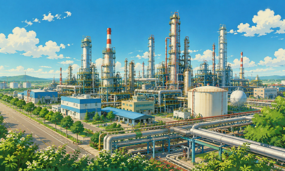 Illustration of India's first greenfield refinery-cum-petrochemical complex at Pachpadra, Rajasthan, showcasing modern industrial infrastructure