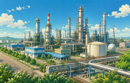 Illustration of India's first greenfield refinery-cum-petrochemical complex at Pachpadra, Rajasthan, showcasing modern industrial infrastructure