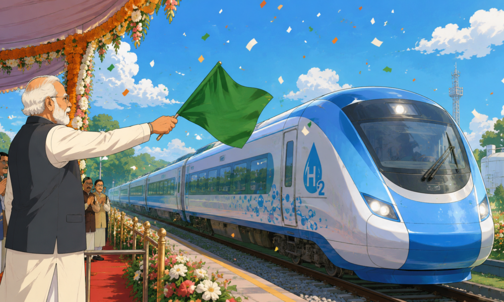 Prime Minister Narendra Modi flags off India's first hydrogen-powered passenger train in Haryana as part of ₹24,800 crore infrastructure projects.