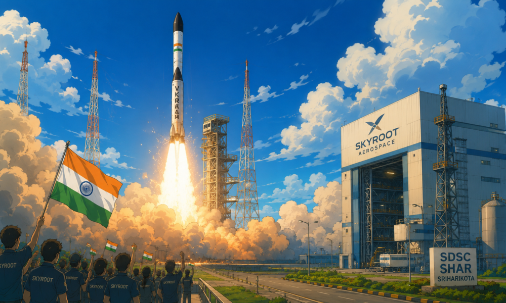 Studio Ghibli-style illustration of India's first private orbital rocket launch from Sriharikota, showcasing modern space infrastructure and a successful liftoff.