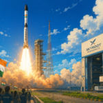 Studio Ghibli-style illustration of India's first private orbital rocket launch from Sriharikota, showcasing modern space infrastructure and a successful liftoff.