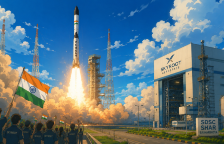 Studio Ghibli-style illustration of India's first private orbital rocket launch from Sriharikota, showcasing modern space infrastructure and a successful liftoff.