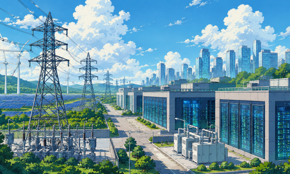 Modern AI data centre connected to high-voltage transmission lines symbolising India's future power infrastructure.