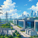 Modern AI data centre connected to high-voltage transmission lines symbolising India's future power infrastructure.