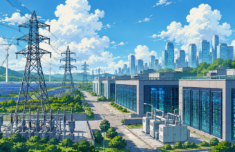 Modern AI data centre connected to high-voltage transmission lines symbolising India's future power infrastructure.