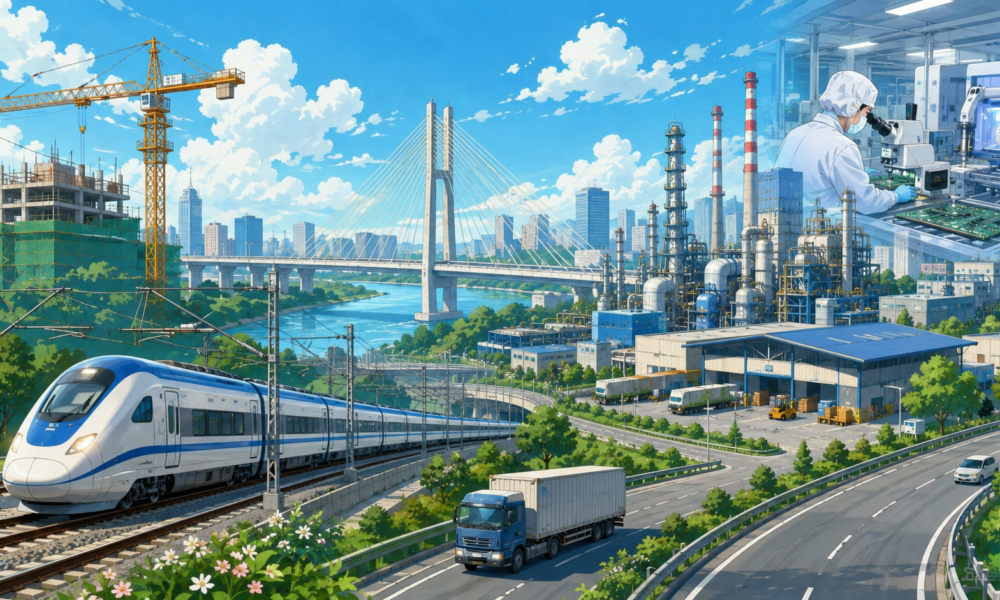 Modern Indian railway, industrial manufacturing facilities and logistics infrastructure representing the Union Cabinet's ₹2.19 lakh crore infrastructure investment.