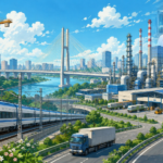 Modern Indian railway, industrial manufacturing facilities and logistics infrastructure representing the Union Cabinet's ₹2.19 lakh crore infrastructure investment.