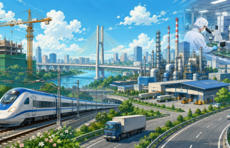 Modern Indian railway, industrial manufacturing facilities and logistics infrastructure representing the Union Cabinet's ₹2.19 lakh crore infrastructure investment.
