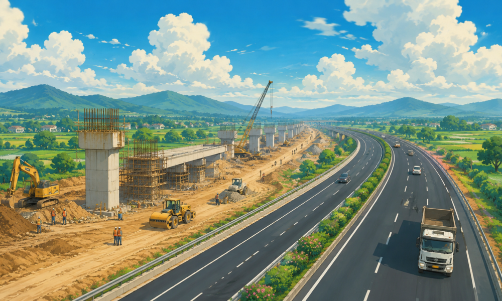Construction equipment working on a modern national highway project in India representing FY27 road infrastructure expansion.