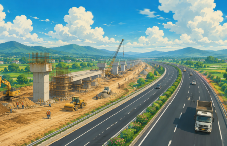 Construction equipment working on a modern national highway project in India representing FY27 road infrastructure expansion.