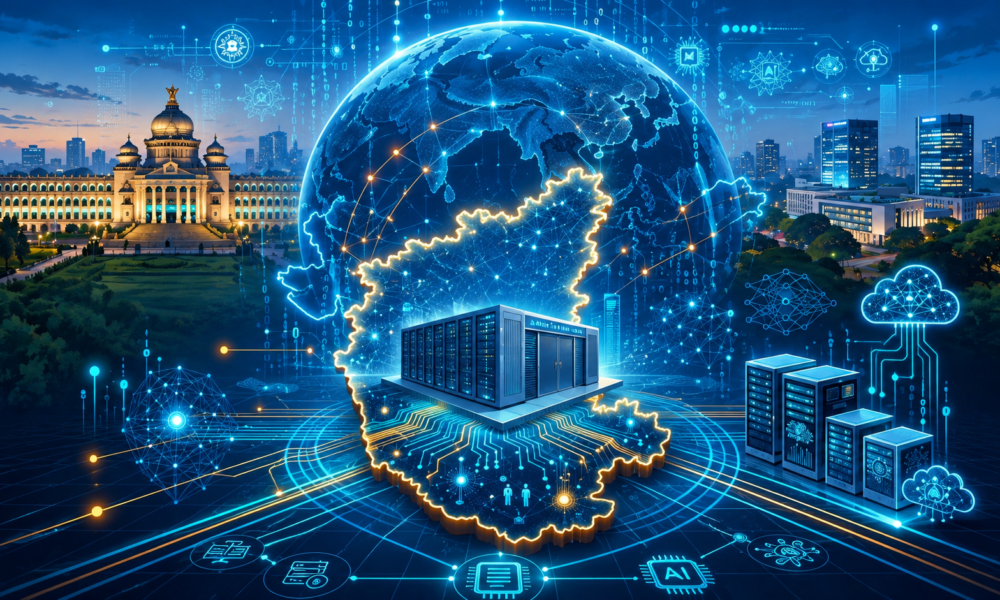 Modern AI data centre connected to high-voltage power transmission infrastructure representing India's future digital energy network.