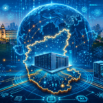 Modern AI data centre connected to high-voltage power transmission infrastructure representing India's future digital energy network.