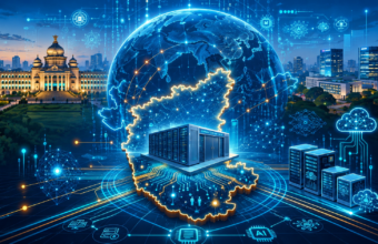 Modern AI data centre connected to high-voltage power transmission infrastructure representing India's future digital energy network.