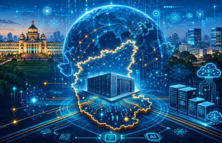 Modern AI data centre connected to high-voltage power transmission infrastructure representing India's future digital energy network.