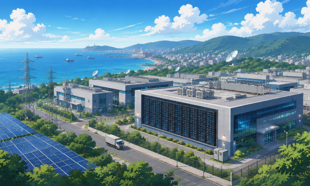 AI powered hyperscale data centre campus overlooking the Visakhapatnam coastline with digital infrastructure elements.