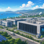 AI powered hyperscale data centre campus overlooking the Visakhapatnam coastline with digital infrastructure elements.