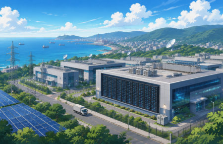 AI powered hyperscale data centre campus overlooking the Visakhapatnam coastline with digital infrastructure elements.