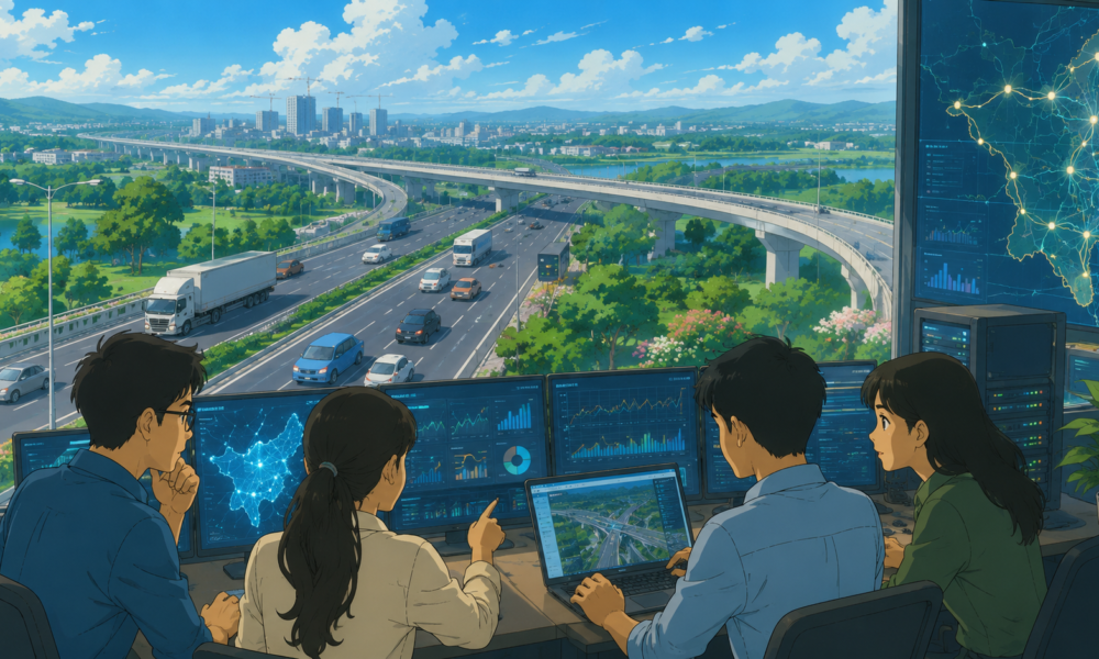 Engineers analysing digital highway maps with modern expressways and traffic data dashboards.