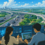 Engineers analysing digital highway maps with modern expressways and traffic data dashboards.