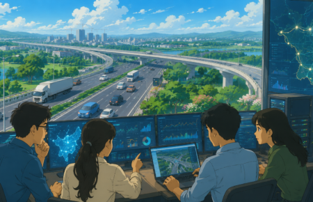 Engineers analysing digital highway maps with modern expressways and traffic data dashboards.