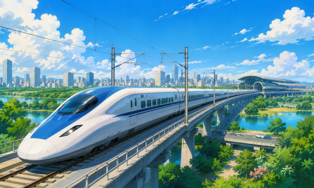 A modern high speed bullet train travelling on an elevated viaduct between Chennai and Bengaluru with a futuristic skyline.